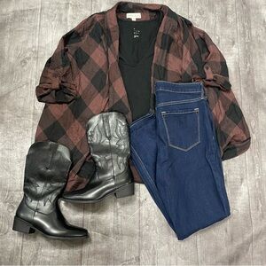 Knox Rose Brown and Black Plaid Open Front Shirt